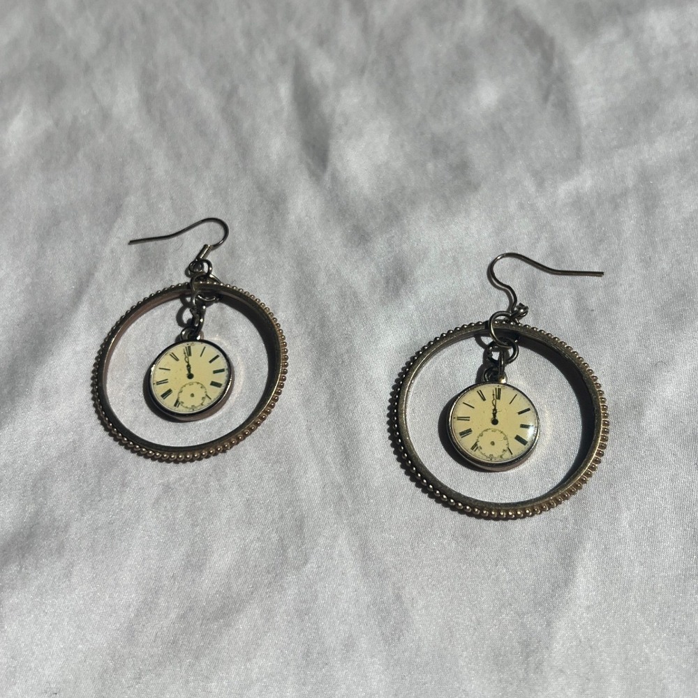 Vintage Bronze Steampunk Clock Face Hoop Drop Earrings Dark Academia Victorian
